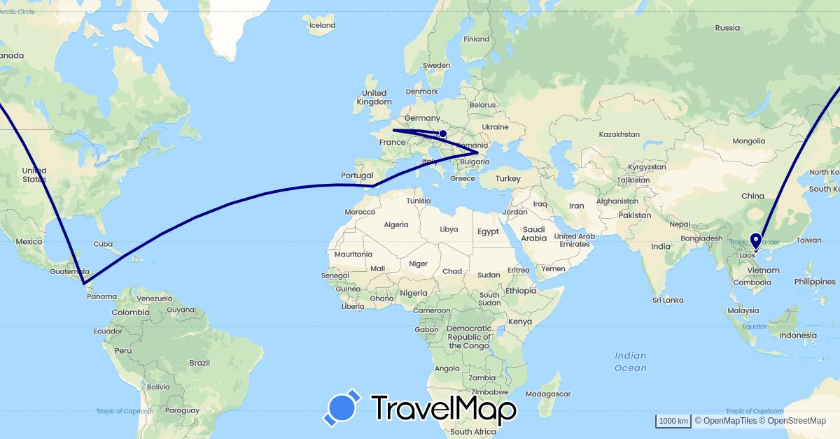 TravelMap itinerary: driving in Austria, Spain, France, Nicaragua, Romania, Vietnam (Asia, Europe, North America)